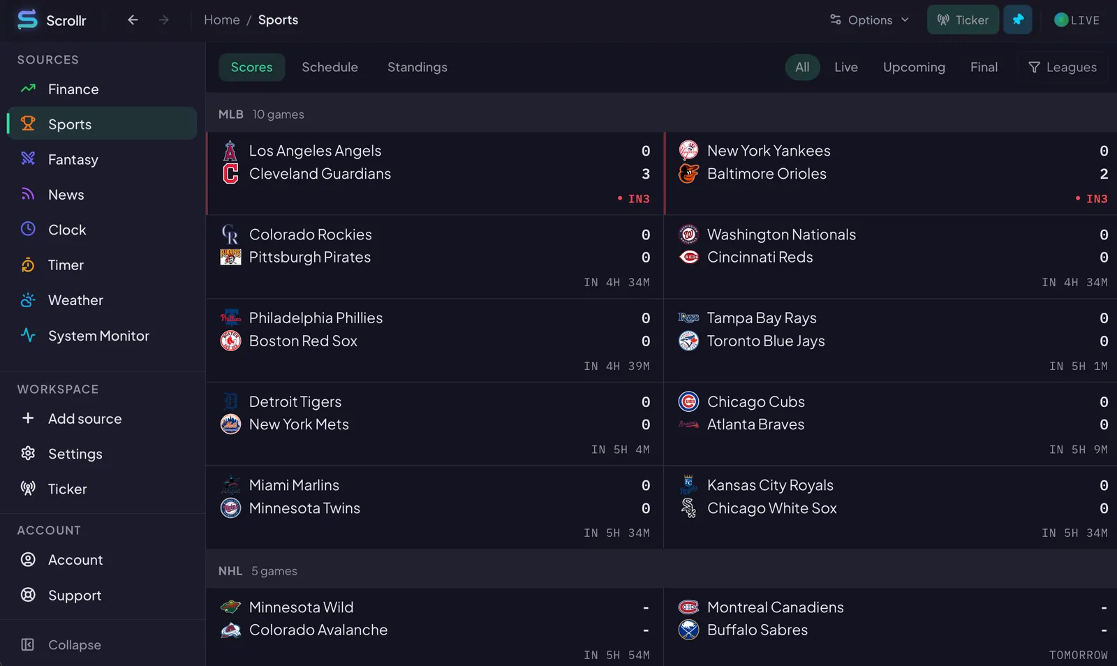 Scrollr sports view showing live games, scores, clocks, and league controls.